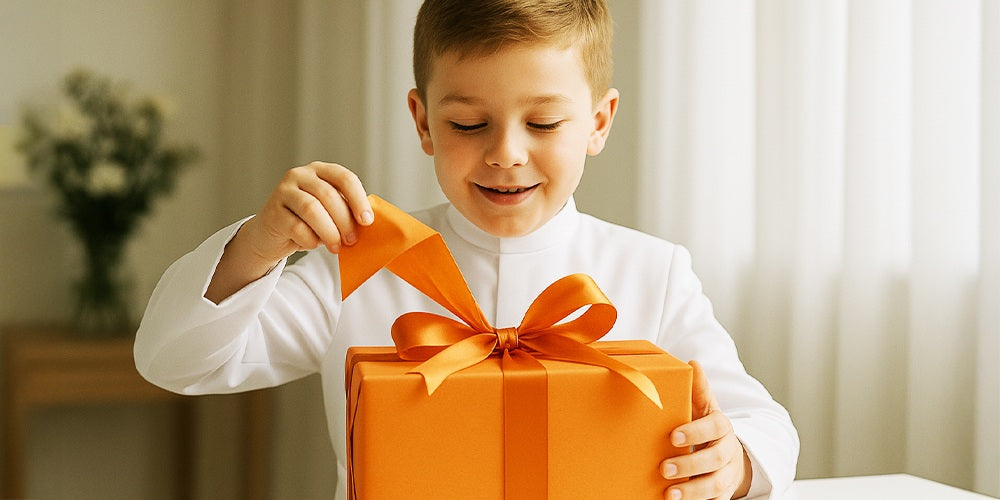 Chłopiec otwierający prezent komunijny