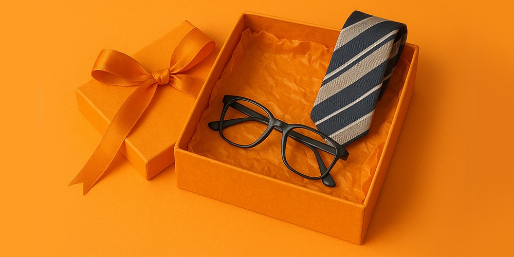 Pudełko prezentowe, w środku atrybuty Taty - okulary i krawat