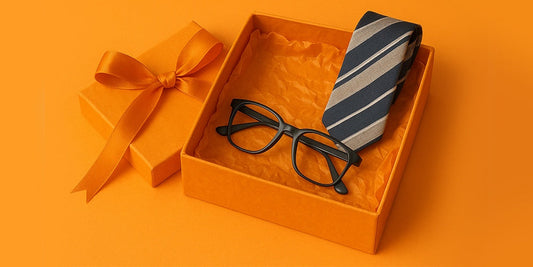 Pudełko prezentowe, w środku atrybuty Taty - okulary i krawat